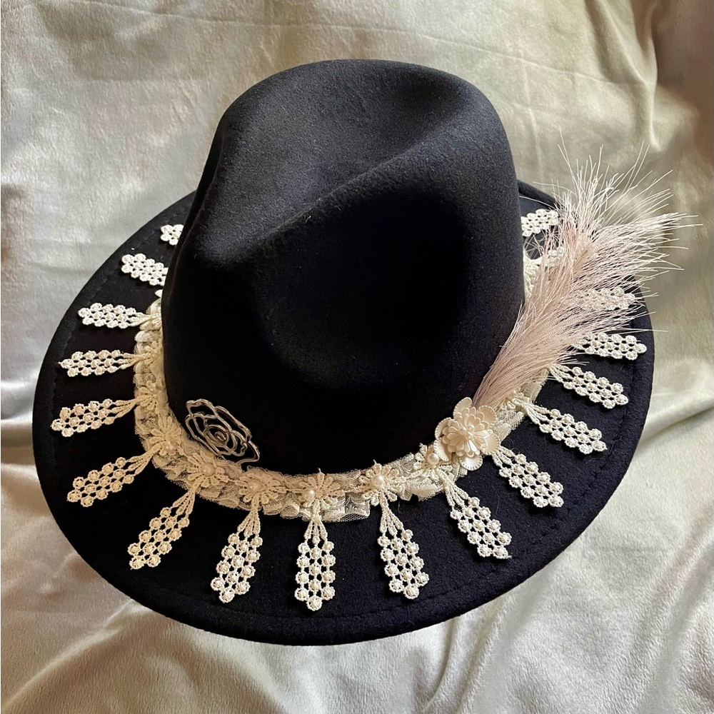 Elegant Black Fedora with Cream Lace Trim